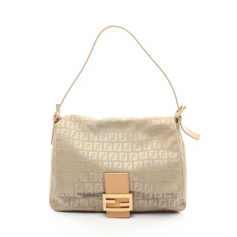 Fendi Zucchino Shoulder Bag Canvas Leather Beige Cream